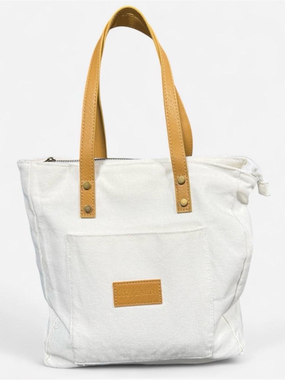 Cozy Earth White Canvas Tote with Tan Handles